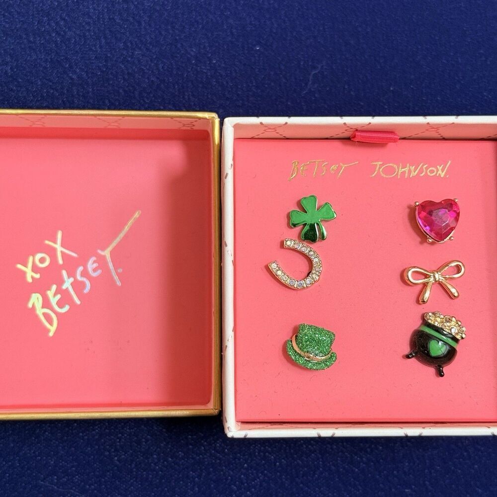 Betsey Johnson 6PC Shamrock Stud Earring Set Irish Luck St Patrick’s Day New 
